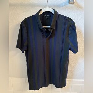Express Men's Navy and Black Striped Polo